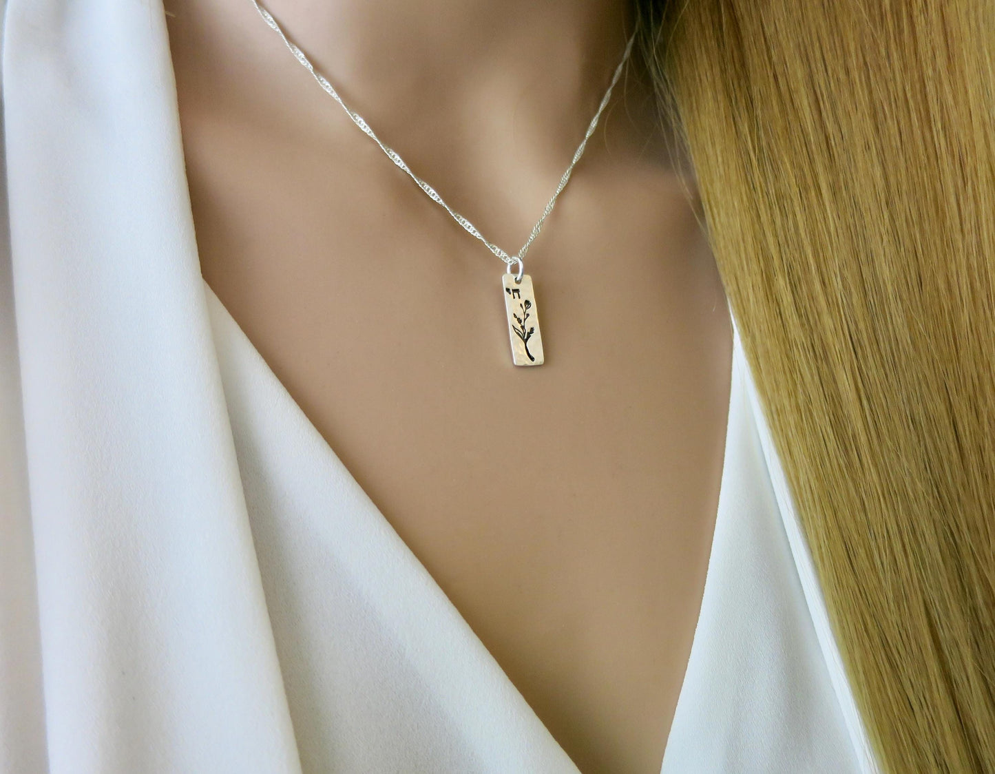 Chai Hebrew Necklace with Jasmine Floral Accent
